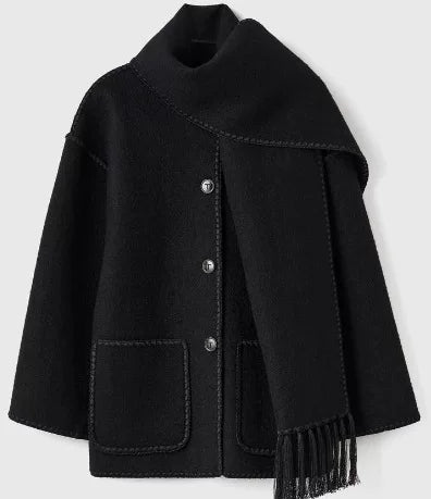 Avropa və Amerika üslubunda 2023 Payız/Qış moda qadın yun palto, qalın, boş formada, şarf və püsküllü.