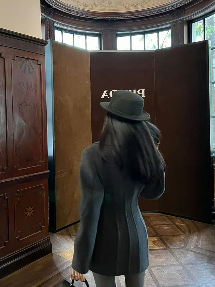 Old Qian Style Boz Yun Palto Qadınlar üçün İkiqat Döşlü Qum Saatı Bel Orta Uzunluqlu Zərif Kostyum Yun Palto