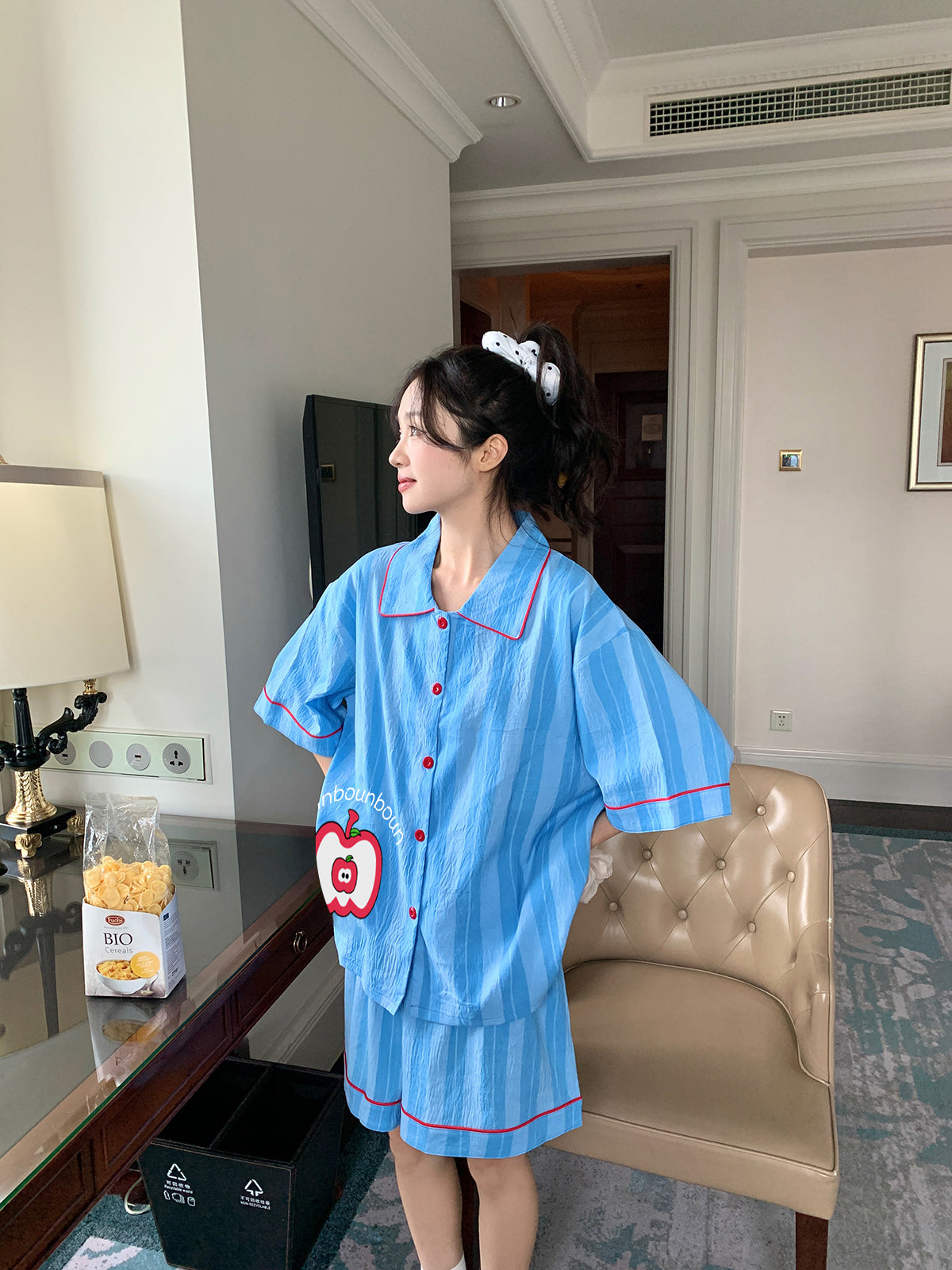 Xinbangbang Homedress qadınlar üçün zolaqlı qısaqol pijama 2025 yeni yay nazik üslublu boş ev geyimi dəsti