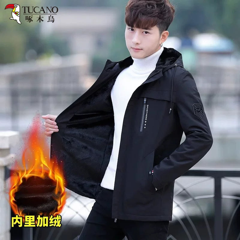 Woodpecker 2025 Payız/Qış Yeni Kişilər üçün Başlıqlı Gündəlik Küləkdən Qoruyucu, Yun astarlı Qalın Üst Geyim