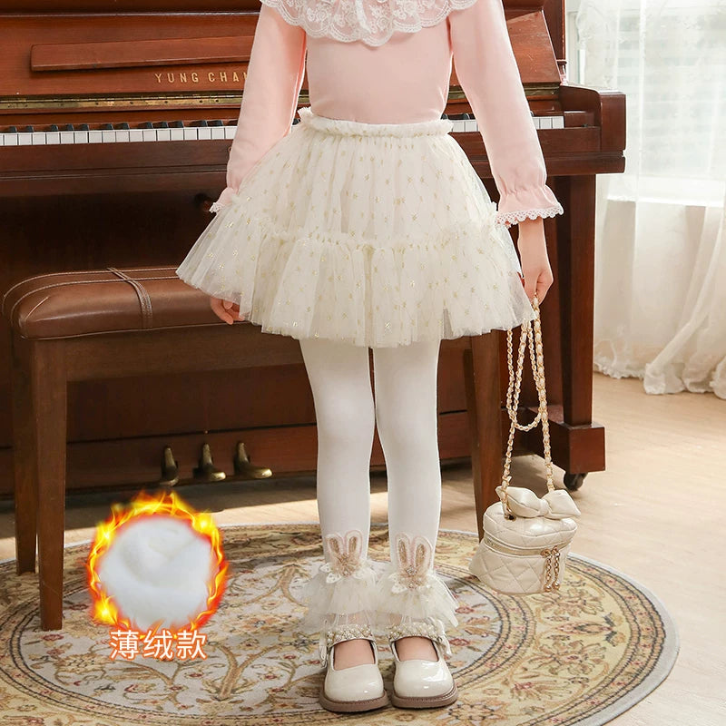 Qızlar üçün bir hissəli ətək şalvarları, 2025-ci ilin yaz və payız mövsümü üçün yeni model uşaq qış geyimləri, flis astarlı, süni iki hissəli leqinslər, ağ, çöldə geyinmək üçün.