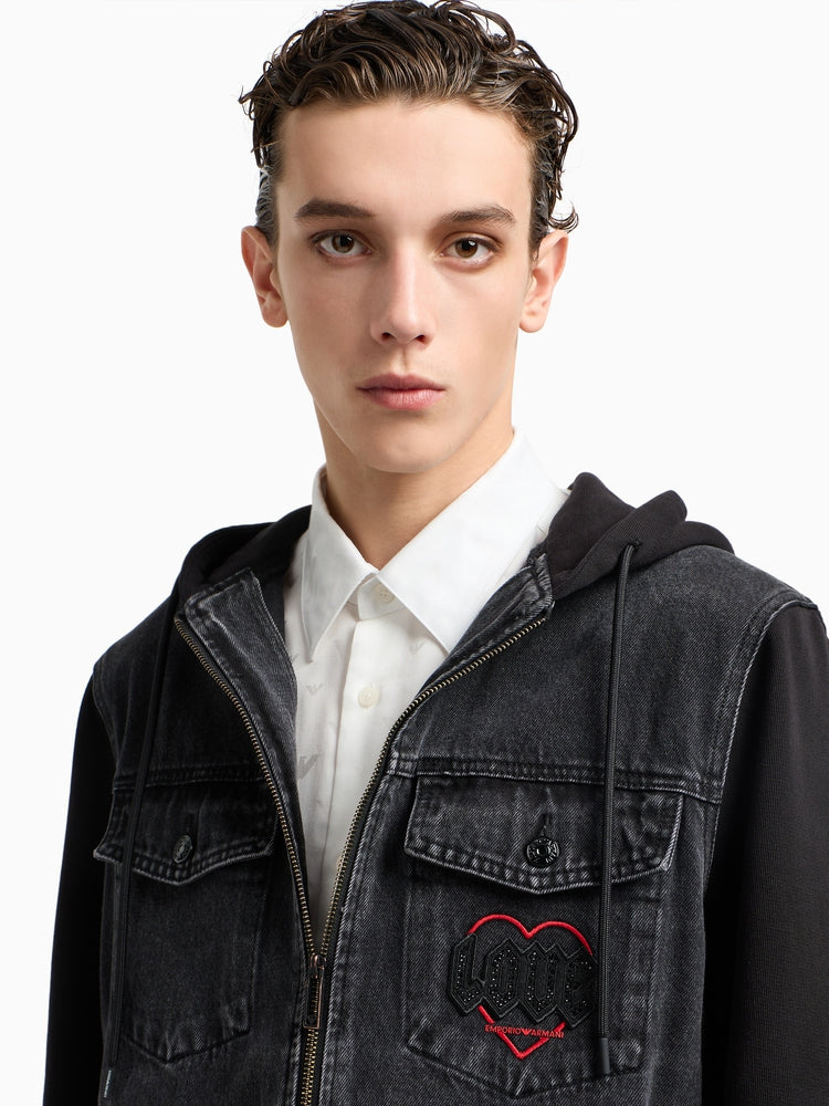 EMPORIO ARMANI/Armani Autumn/Winter New Men's Hooded Patterned Denim Jacket