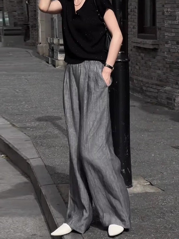 Qadın kətan gündəlik şalvarı, yay üçün nazik model, böyük ölçüdə, arıqladıcı, armud formalı, geniş və rahat, yerə qədər uzanan şalvar