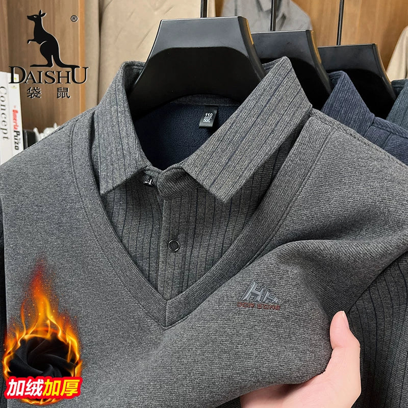 Kişilər üçün kenquru qış sviteri, süni iki hissəli, ata üslubunda, flis astarlı, qalınlaşdırılmış, yaxalıqlı, orta yaşlı və yaşlılar üçün isti və gündəlik əsas qat.