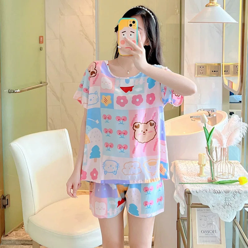 Qısaqol şort, qadın üçün pambıq ipək pijama, yay şirin kondisionerli ev paltarı, cizgi filmi qızları çöldə geyinmək olar, tələbə pambıq ipək kostyumlar