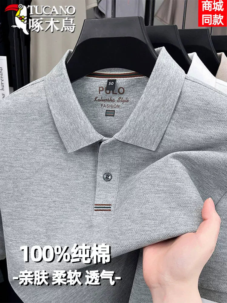 Ağacdələn 100% pambıqdan qısaqol yaxalı kişi POLO köynəyi gündəlik işgüzar naxışlı, yuyulmuş boş top