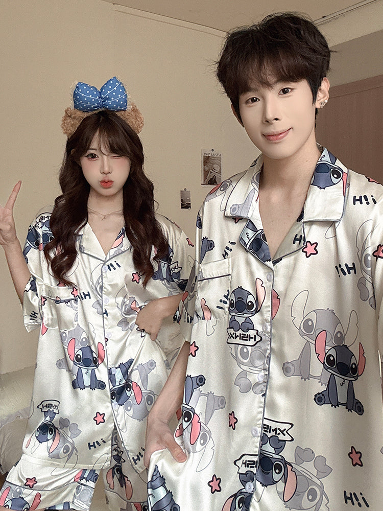 Cartoon Stitch cüt pijama qadınlar üçün yay nazik buz ipək qısaqol şort kişi yüksək səviyyəli ev geyimi dəsti