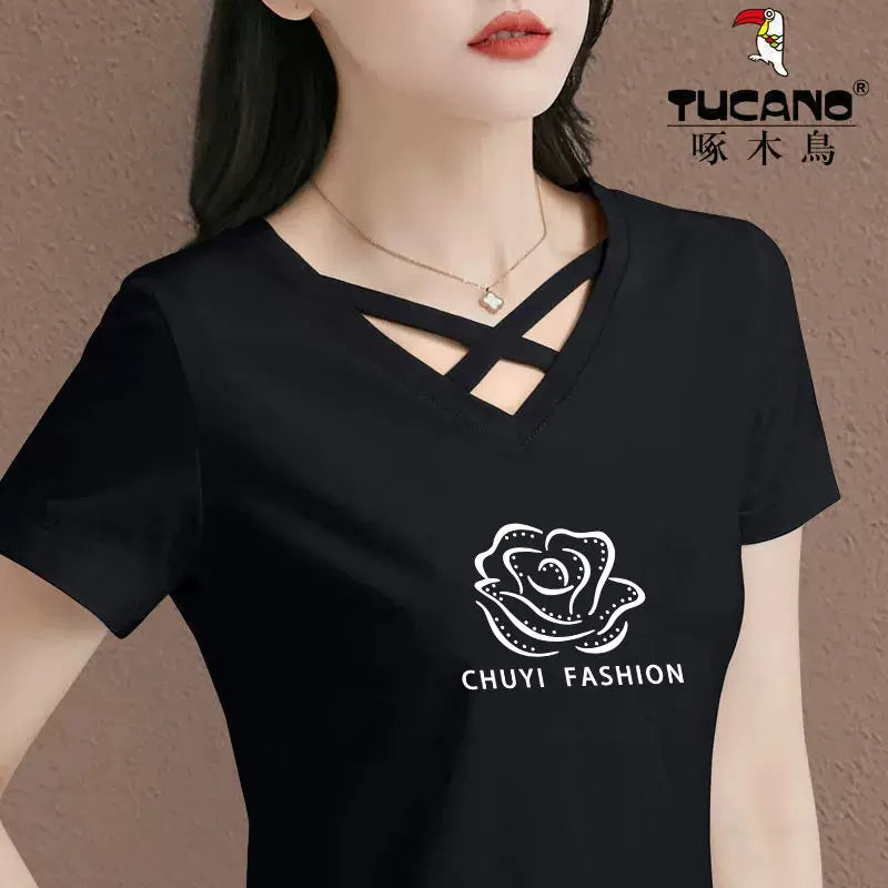 Clearance clearance Woodpecker marka böyük ölçülü qısaqol çaplı moda köynək qadınlar üçün yay V-yaxalı içi boş pambıq top