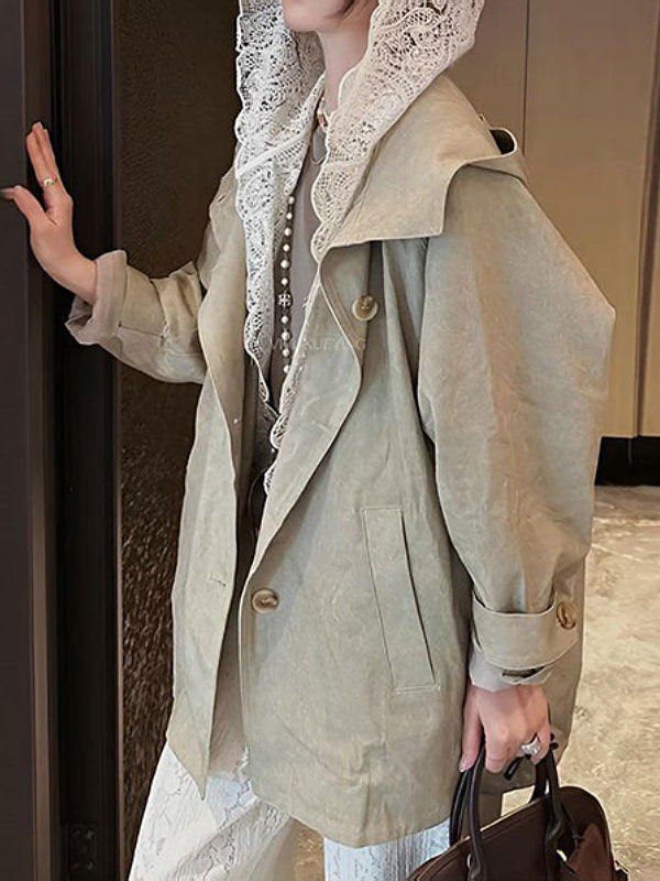 Qadın üçün böyük ölçülü krujeva ilə bəzədilmiş kapşonlu trençkot, yeni yaz stili, Avropa dəbi, boş forma, orta uzunluqlu köynək.