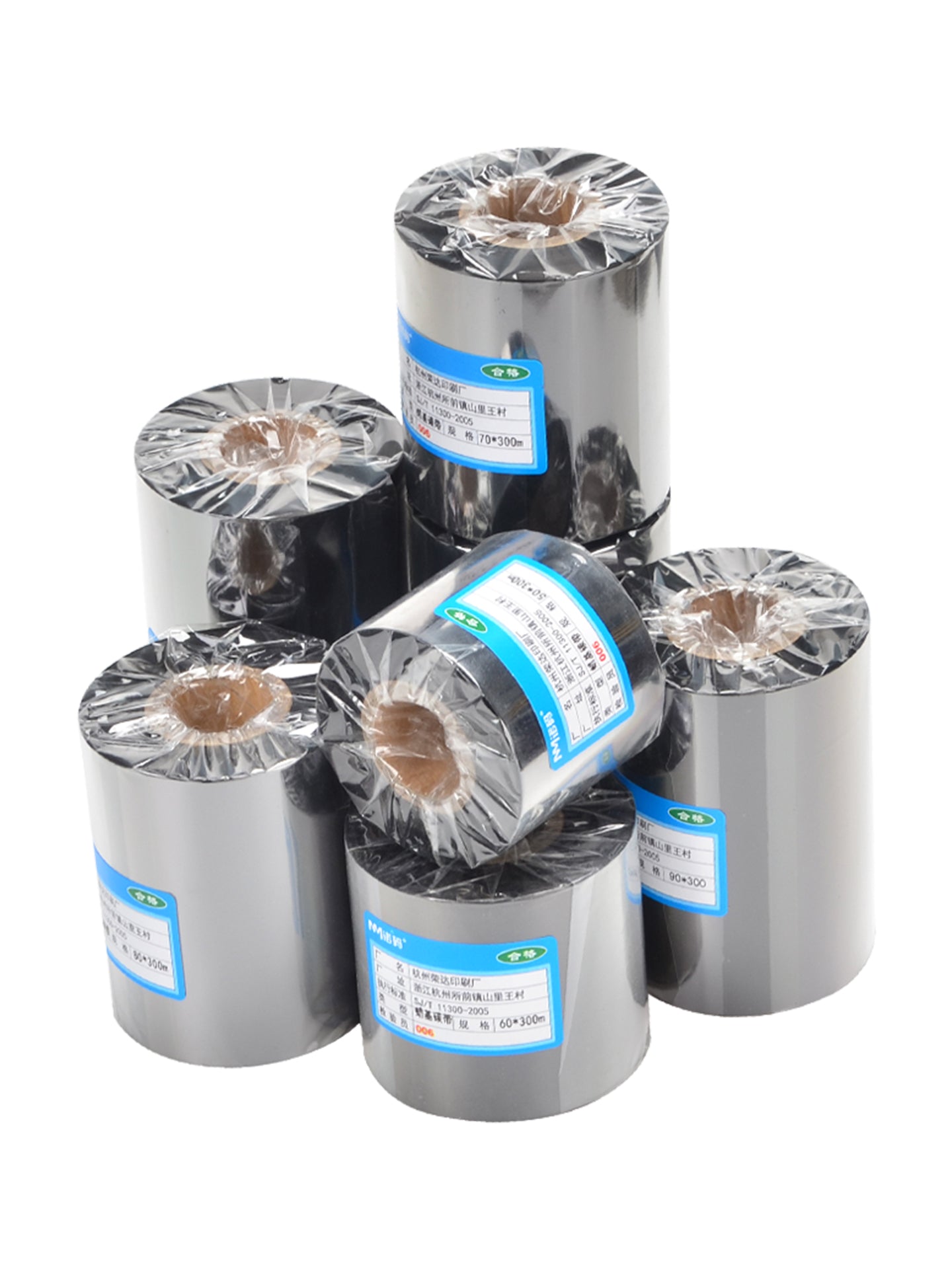 Mum əsaslı qarışıq əsaslı lent rulonu 50 60 70 80 90 100 110mmX300m ştrix-kod printer etiket kağızı tam qatranlı termal köçürmə lent rulonu mis boşqab öz-yapışan paltar mum bazası