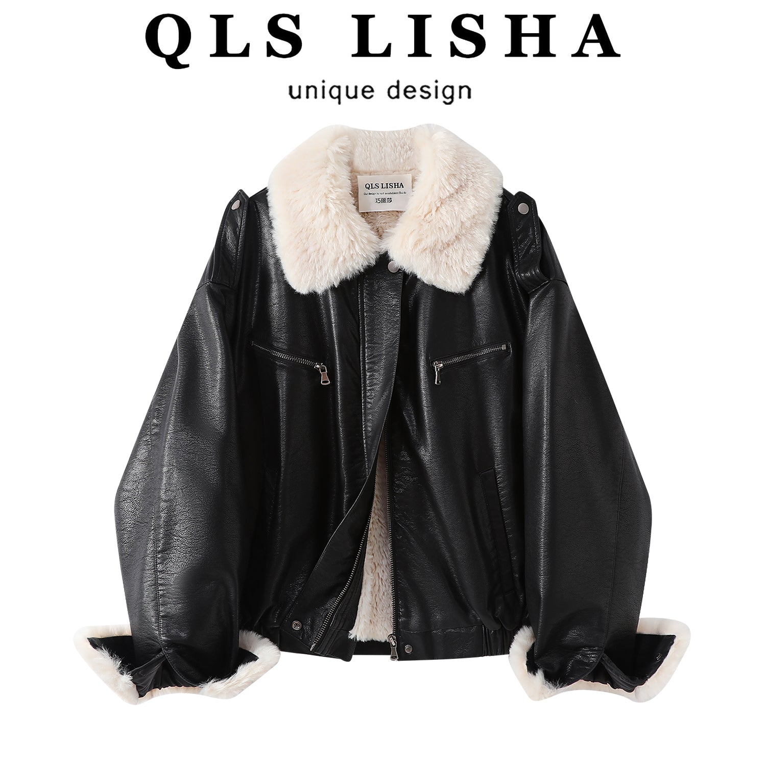 Cholisa Lambswool Dəri Gödəkçə Qara rəngli yun astarlı və qalınlaşdırıcı motosiklet gödəkçəsi, Qadınlar üçün 2025-ci ilin payız və qış super populyar PU dəri gödəkçə