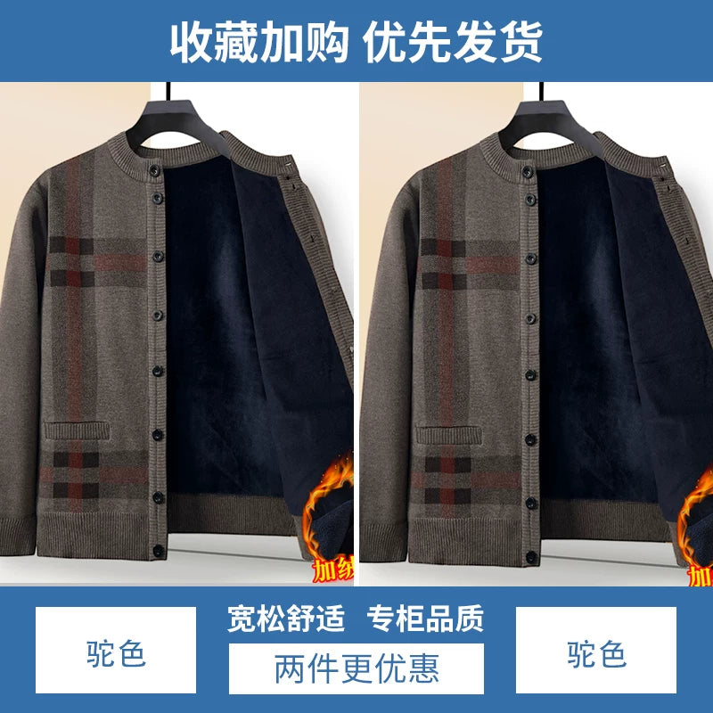 Payız və qış qalın flis hırka, orta və yaşlı insanlar üçün isti, dairəvi yaxalı düyməli toxunma sviter palto, baba köynəyi