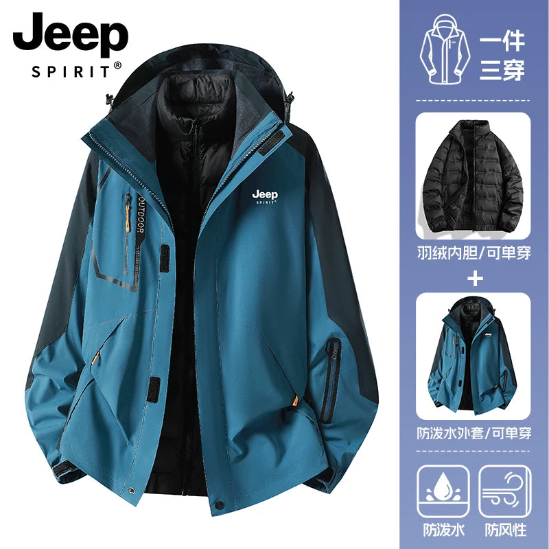 JEEP Kişilər üçün 2025-ci il Yeni Model Yaz, Payız və Qış Üçlü Birdə Yun Astarlı Qalın Kişi Üst Geyimləri