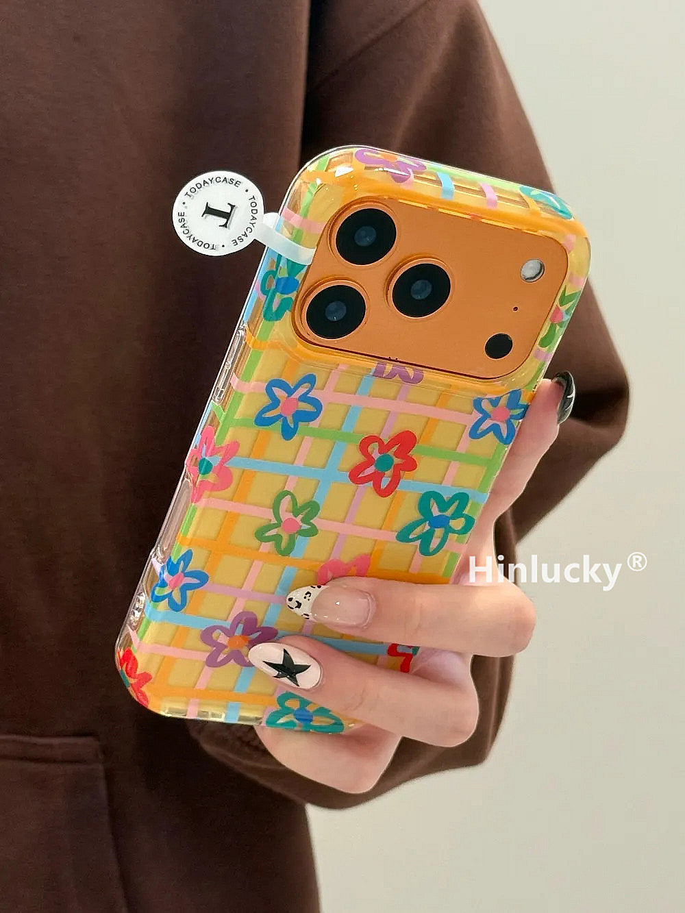 Hinlucky Koreya ins sarı fonda Apple 17 mobil telefon qutusu üçün uyğun rəngli ekose çiçəklər iphone16promax yeni 15 ikiqat qat 14 düşmə əleyhinə qoruyucu örtük 13 super gözəl görünüşlü 17pro niş