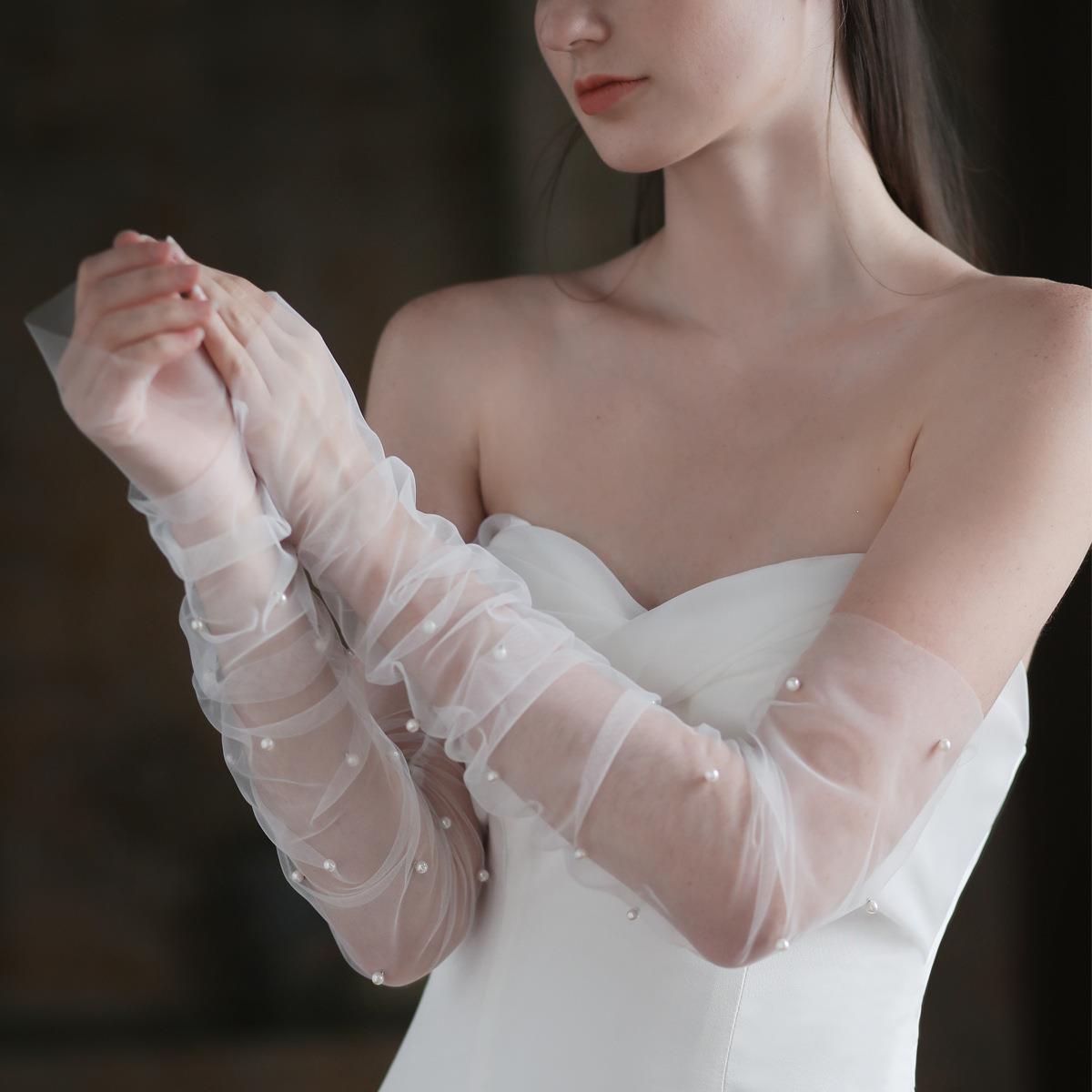 Xinmeiji White Long Sleeve Cover-up Gloves Pearl Wedding