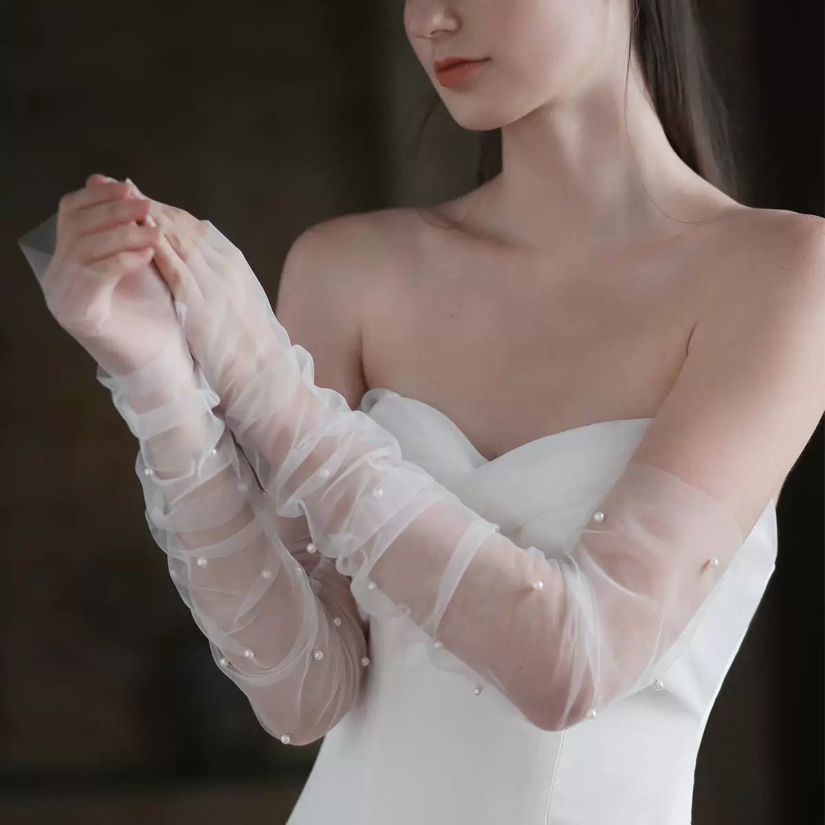 Xinmeiji White Long Sleeve Cover-up Gloves Pearl Wedding