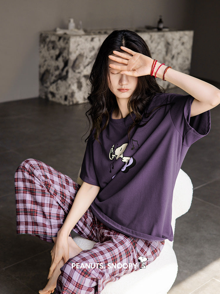 Qadınlar üçün Beiyan Snoopy pijama, nazik pambıq qısaqol, plaid şalvar, böyük ölçülü kostyum ev paltarından kənarda geyinmək olar