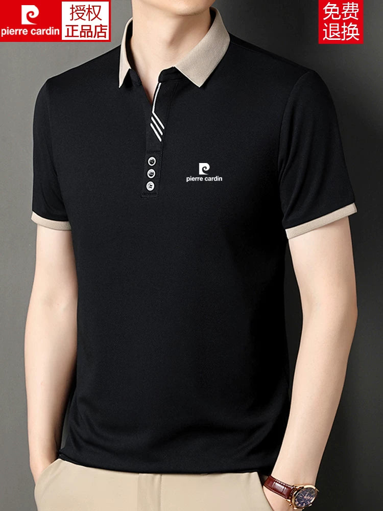 Pierre Cardin yay kişi qısaqol köynək yaxa polo köynək 2026 yeni baba sərin buz ipək köynək