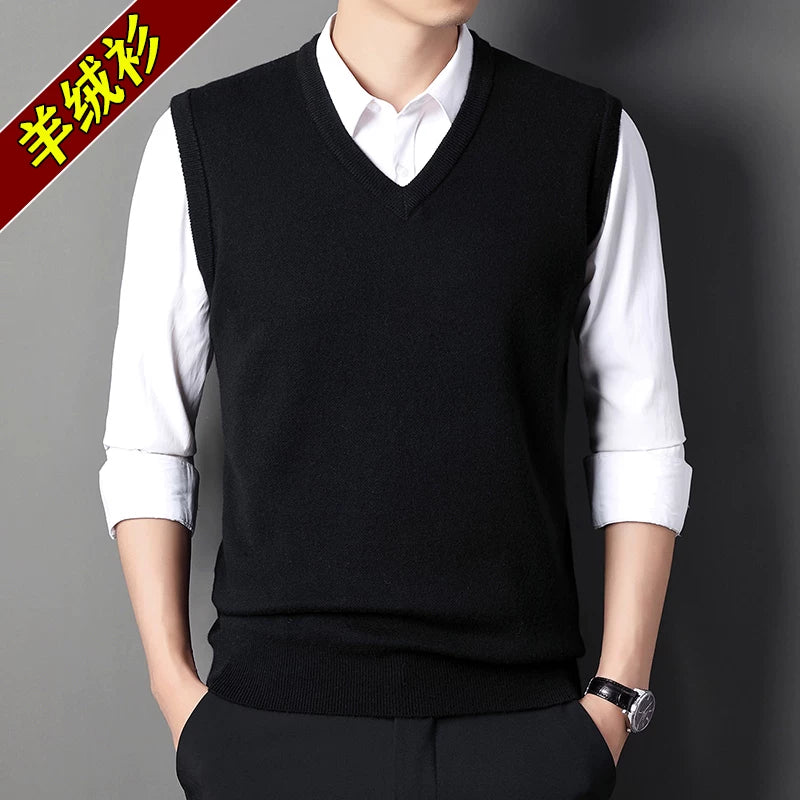 Orta yaşlı kişilər üçün 100% təmiz kaşmir jilet, V-yaxalı qolsuz jilet, Ershi trikotaj yun sviter