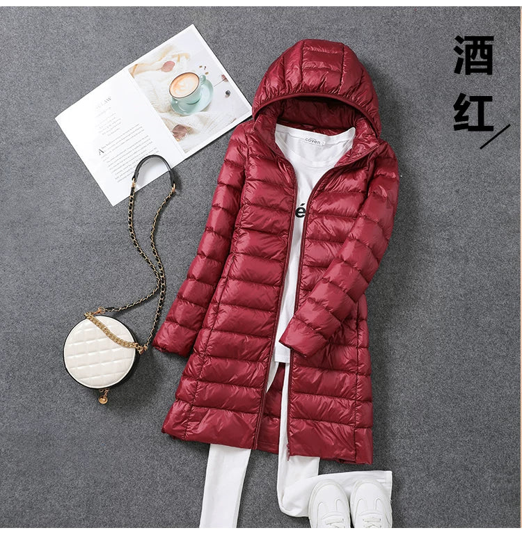 2024 Autumn/Winter New Women's Lightweight Jacket, Mid-Length, White Duck Down, Korean Style, Slimming and Comfortable, Detachable Hood