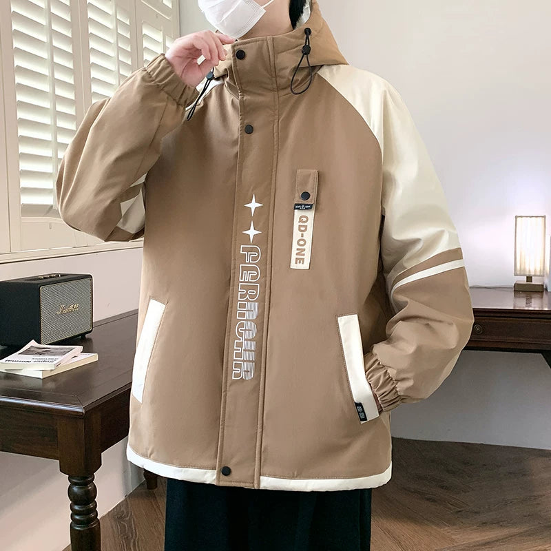 Yun astarlı və qalınlaşdırılmış kişi pambıqlı palto, dəbli Koreya üslubunda başlıqlı pambıqlı gödəkçə, şık, çox yönlü və isti kişi pambıqlı geyimləri