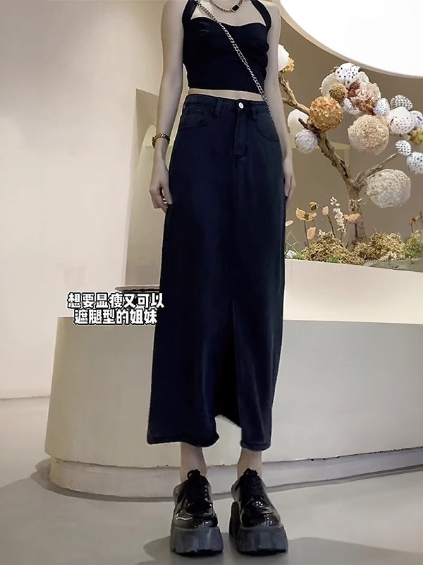 Qadınlar üçün Qara Denim Midi Ətək, 2026 Yeni Yay Modeli, Nazik, Arıqladıcı, Böyük Ölçülü, Dolğun, Boş A-xəttli, Orta Uzunluqlu Ətək