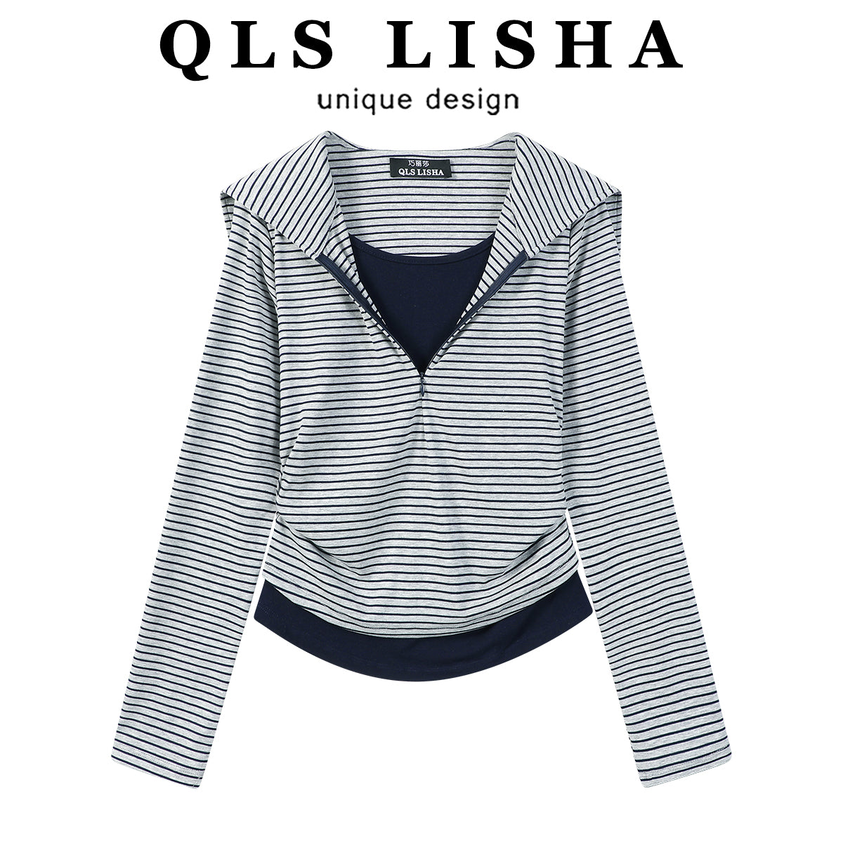 Cholisa Seksual İncə Fit Zolaqlı Patchwork Faux İki Parçalı Dənizçi Yaxalıqlı Uzun Qollu Köynək Qadınlar üçün Əsas Qatlı Top