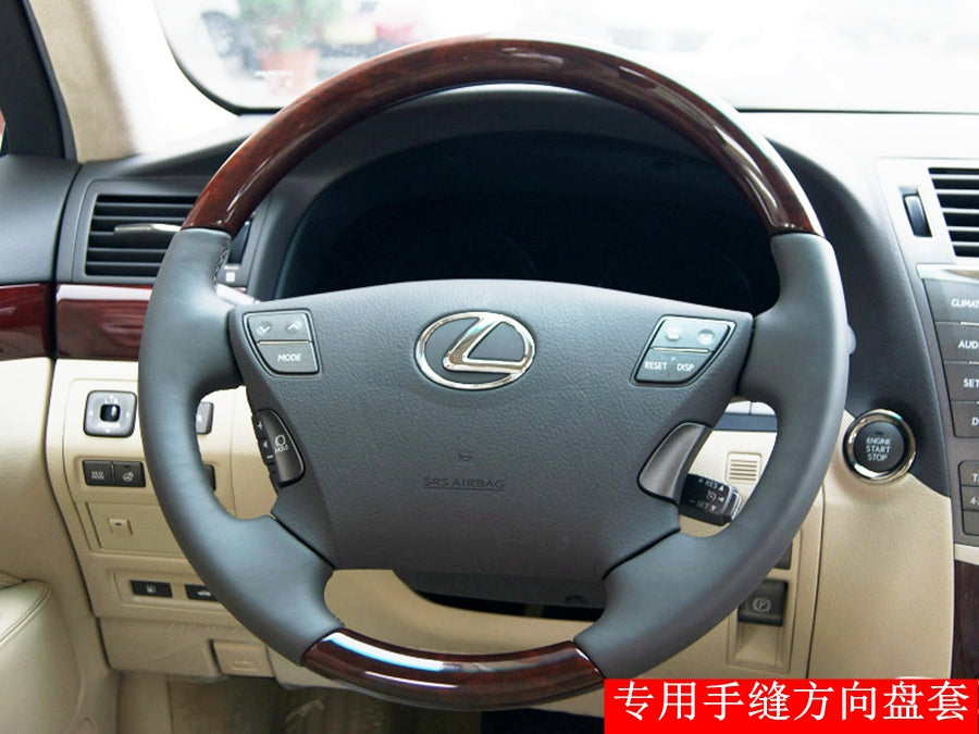 05-09-13 Hand-stitched genuine leather steering wheel cover for older Lexus LX570 and IS460 models, with cowhide on both sides.