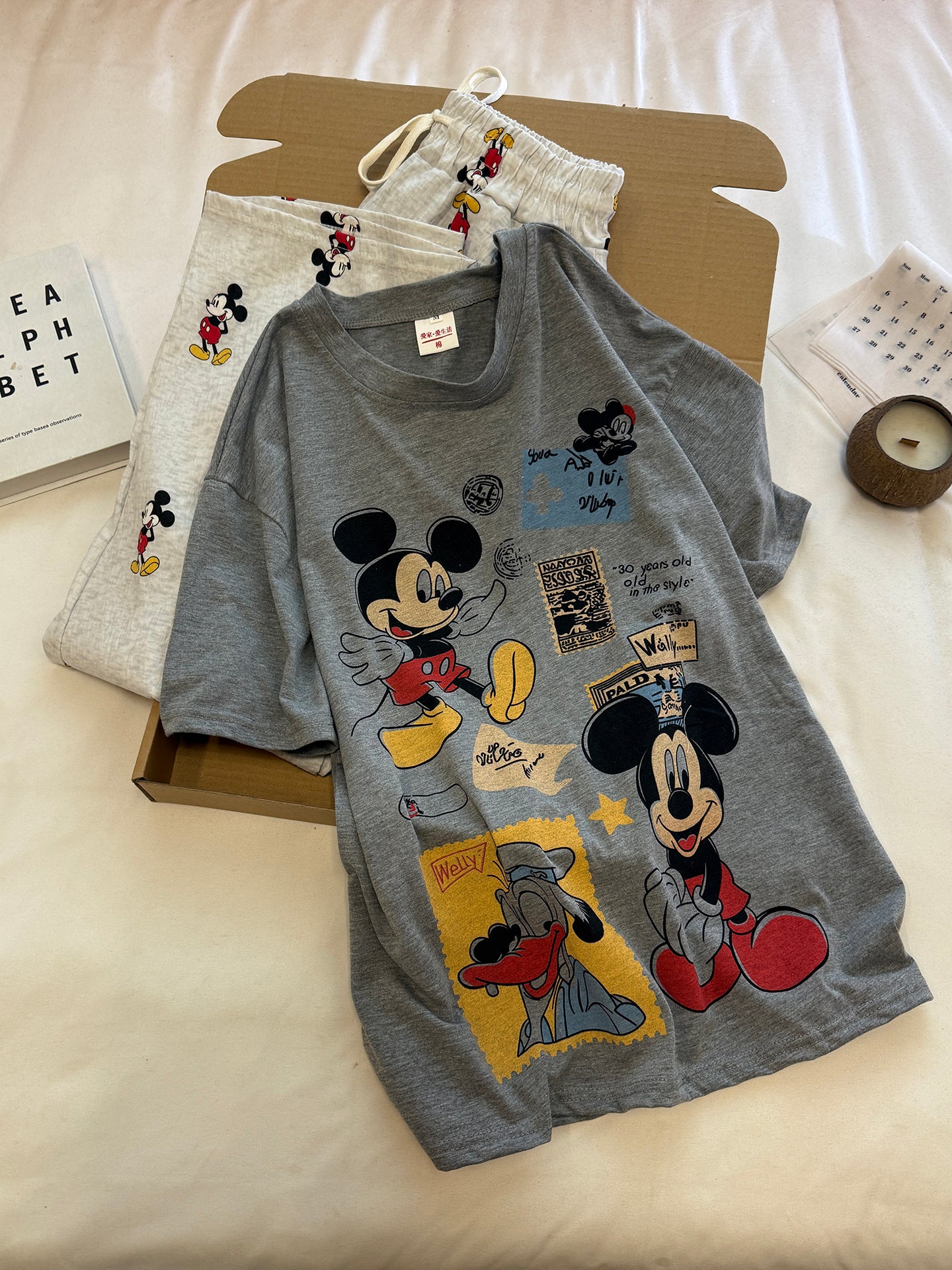 Qadınlar üçün yay daranmış pambıq qısaqol sərin böyük ölçülü pijama çöldə geyilə bilər 2026 yeni cizgi filmi Mickey kostyumu ev paltarı