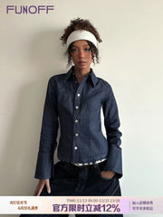 FUNOFF Amerika Retro Tünd Göy Düyməli, Aşağıya doğru denim Uzunqol Köynək, Küçə Stilində, Sadə Bölünmüş Bel Xüsusiyyətləri Bəxş Edən Top, Payız