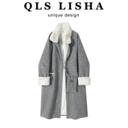 Payız və qış üçün Chorissa Hepburn üslubunda orta uzunluqlu boz yun palto, super zərif və gözəl.