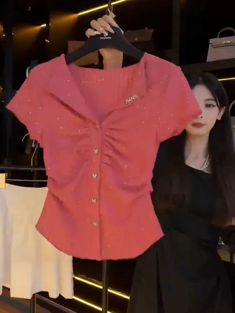 Moruqlu çəhrayı rəngli incə qısaqol köynək, böyük ölçülər üçün, yay, tək sinəli kəpənək formalı top