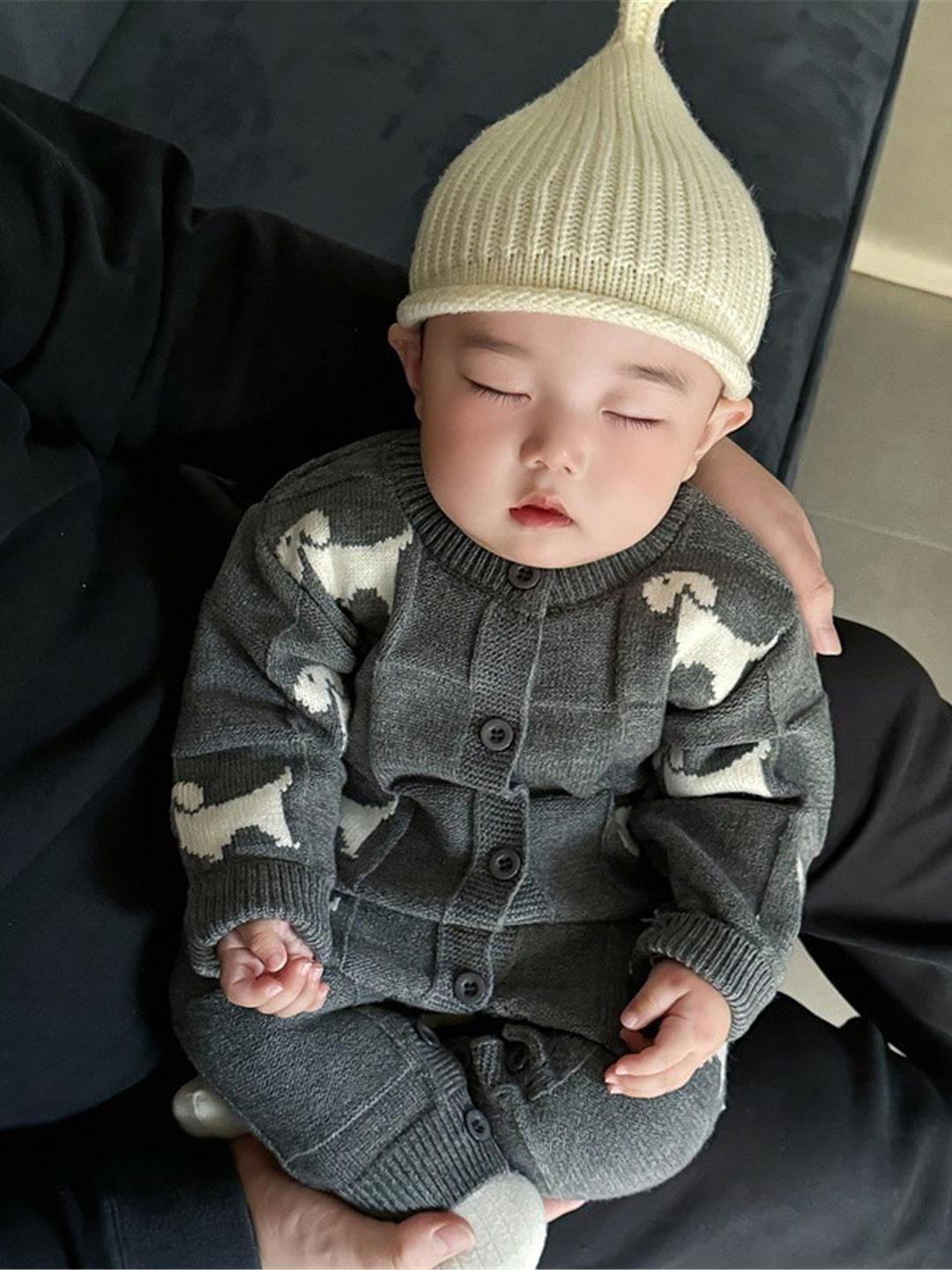 ARIELLE DE PINTO Oğlanlar üçün Fransız Yaz/Payız Körpə Trikotaj Onesie Sviter, Dolunay Çəkilişi/Sürünmə Kostyum