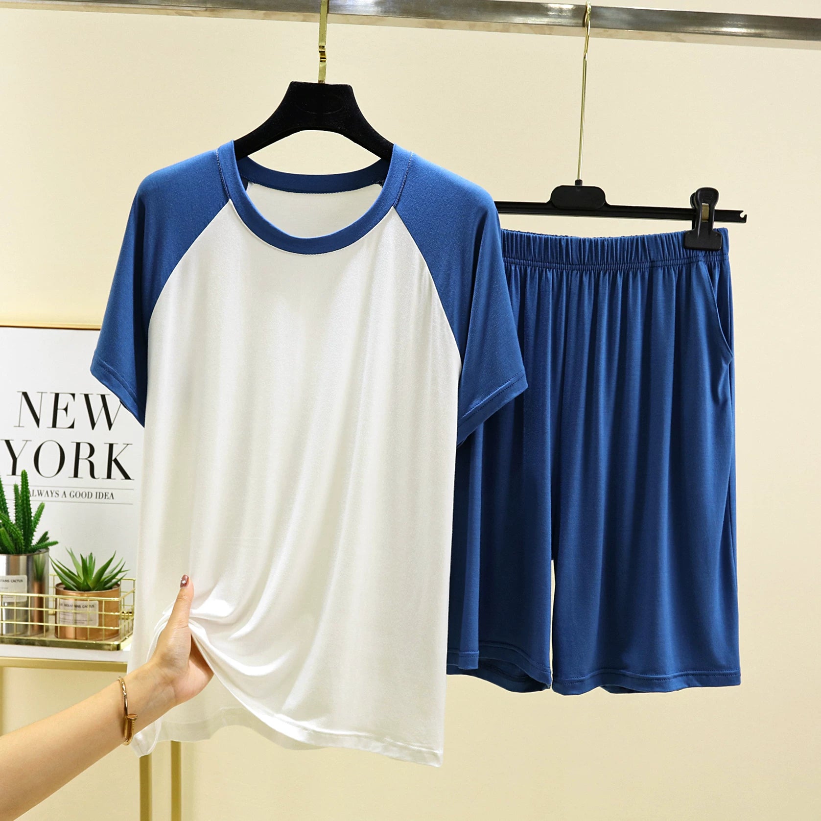 Kişi modal raglan pijama və pijama şalvar dəsti yay böyük ölçülü boş nazik gündəlik gündəlik xarici geyim ev geyimi iki parça dəst