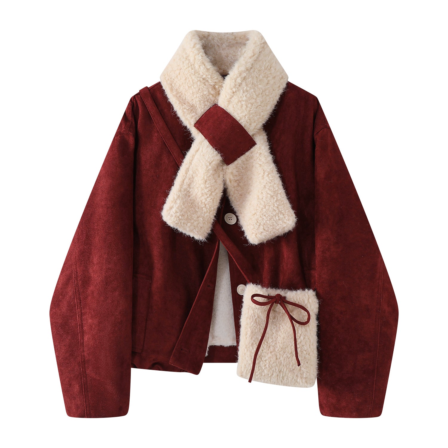 Cholisa Qalınlaşdırılmış Yun Astarlı Qırmızı Zamşa Gödəkçə, Koreya üslubunda, Super Gözəl Qış Qoyun Dərisi Pambıq Yastıqlı Palto