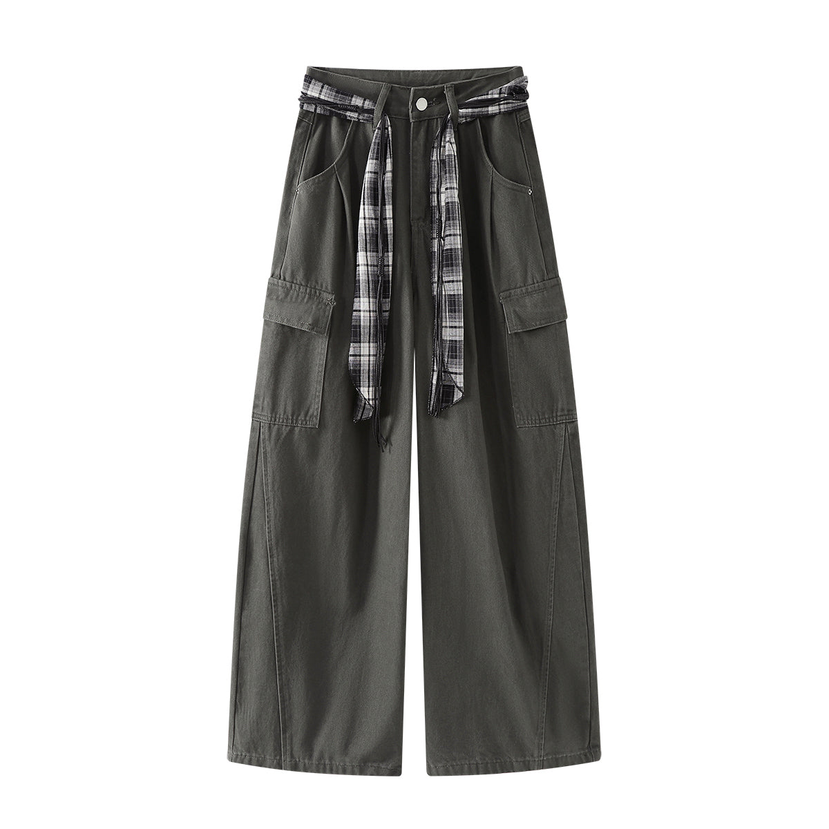 Chorissa Amerika üslubunda qadınlar üçün yüksək belli hərbi yaşıl cins şalvar, payız üçün geniş formalı, çox yönlü, gündəlik geniş ayaqlı düz ayaqlı yük şalvarı