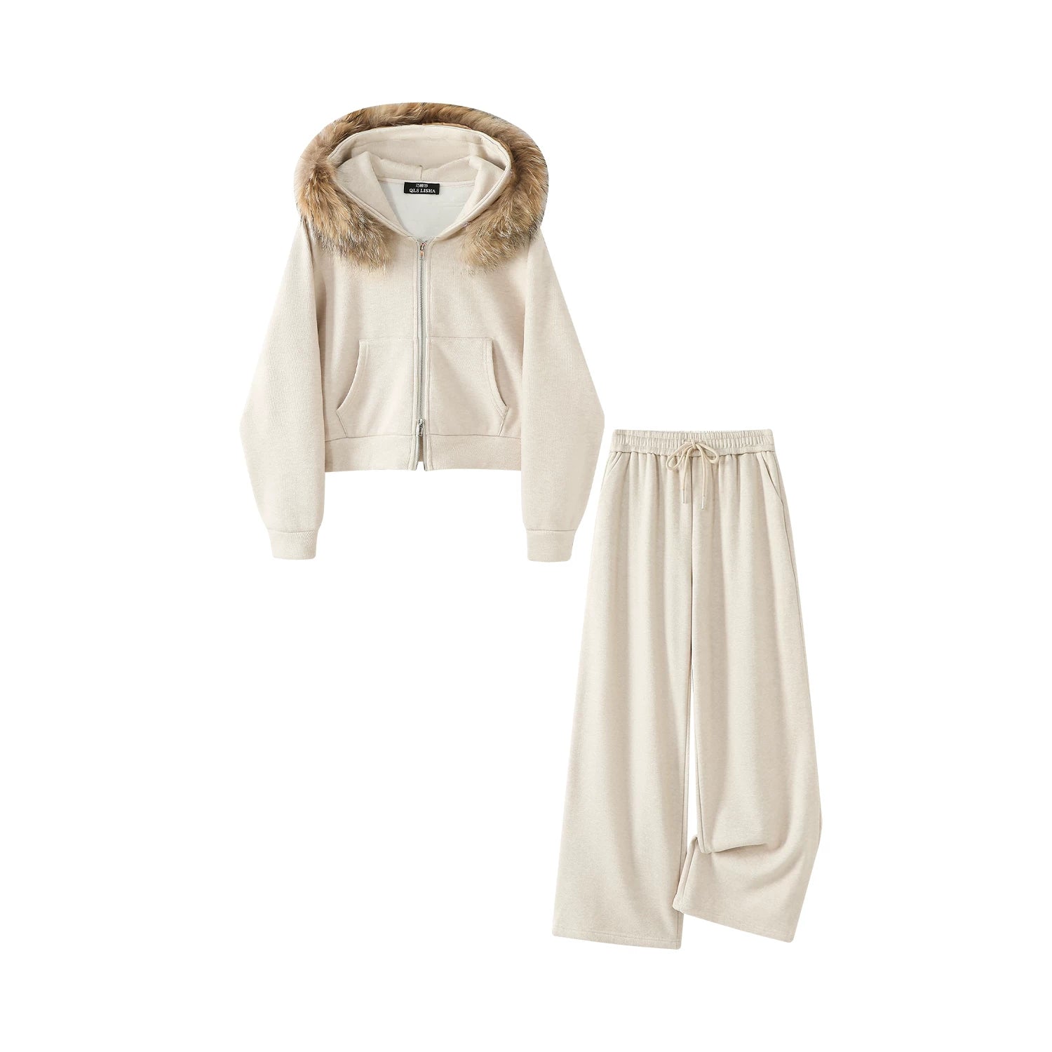 Cholisa Qadınlar üçün Çıxarıla Bilən Yun Yaxalıqlı Sviter Dəsti, Payız/Qış, Dəbli Başlıqlı Gödəkçə və Geniş Ayaqlı Şalvar İki Hissəli Dəst