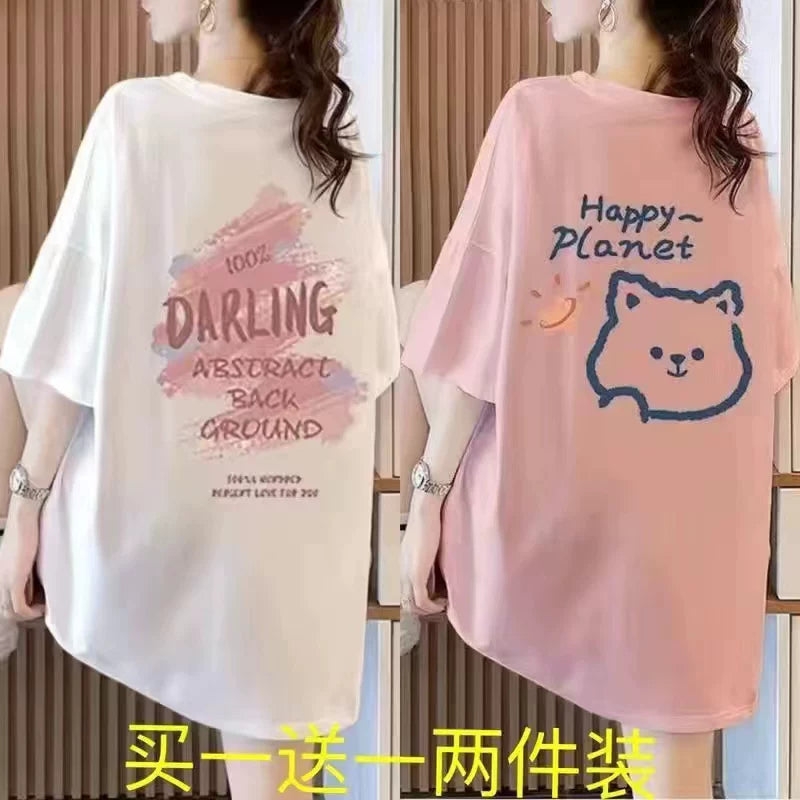 Tək/iki ədəd böyük ölçülü qadın boş qısaqol köynək qadın yay yeni nazik moda çap orta uzunluqlu ins trend