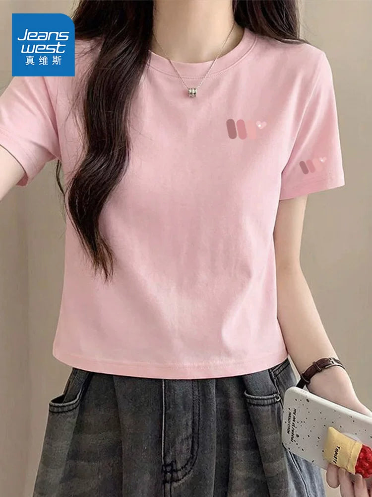 Jeanswest Çəhrayı Pambıq Sağ Çiyin Qısaqol T-Shirt Qadın 2026 Yeni Yay Kiçik Qısa Təsadüfi Top A