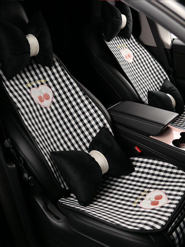 Checkered Cherry Car Seat Cushion, All Seasons, Linen One Piece, Goddess Style Seat Cover, Semi-Folded, Suitable for Winter and Summer Use