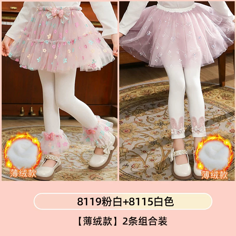 Qızlar üçün bir hissəli ətək şalvarları, 2025-ci ilin yaz və payız mövsümü üçün yeni model uşaq qış geyimləri, flis astarlı, süni iki hissəli leqinslər, ağ, çöldə geyinmək üçün.