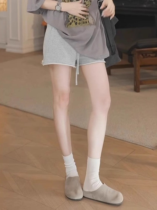 Böyük ölçülü qadınlar üçün boz rəngli elastik bel hissəli şortlar, yay üslubunda, dəbli, çoxfunksiyalı, arıqladıcı, yüksək belli gündəlik şalvar.