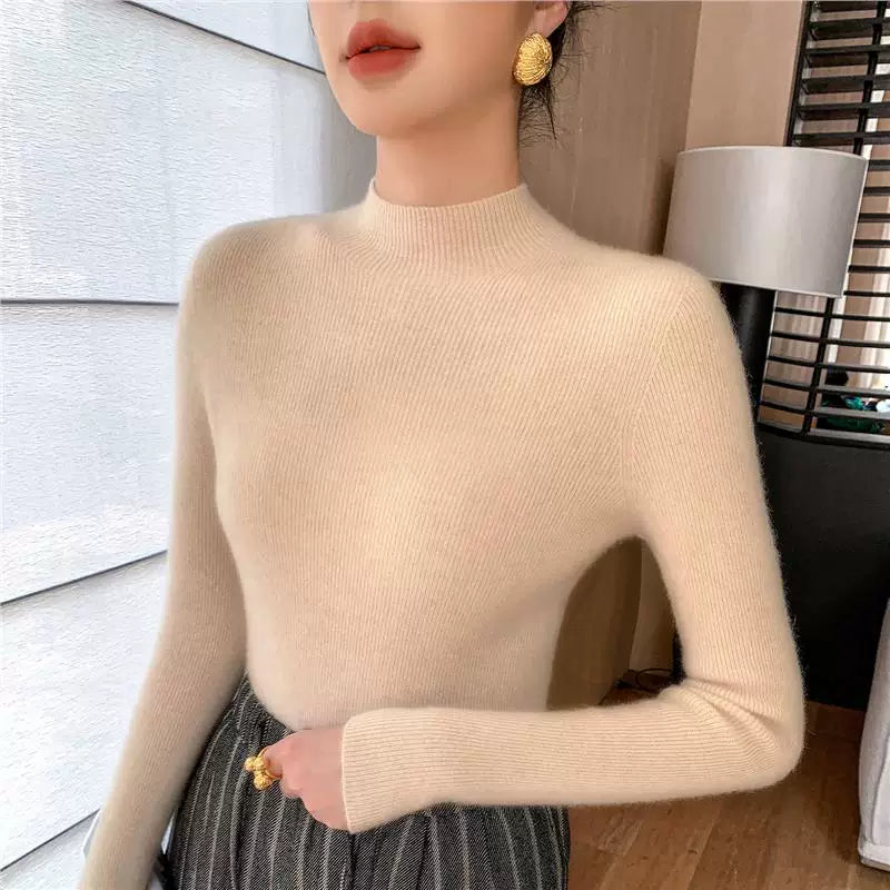 Qadınlar üçün yüksək keyfiyyətli yun sviter, hündür yaxalı, incə bədən quruluşlu, laylı-laylı, payız və qış üçün ideal, yeni model, qalın və çoxfunksiyalı toxunma sviter