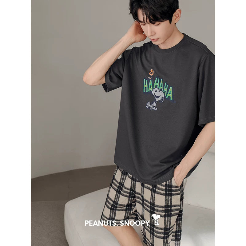 Beiyan yay nazik pambıq qısaqol cüt pijama qadınlar üçün Snoopy sərin ev geyimi təsadüfi böyük ölçülü kişi kostyumu