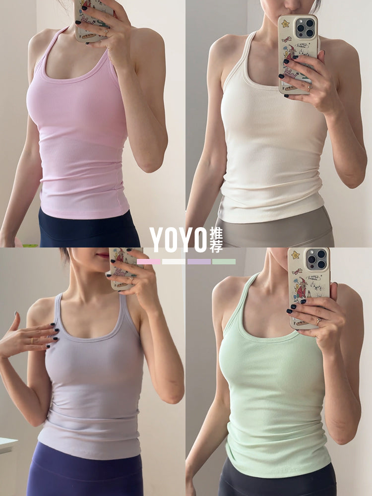 Yoyo tövsiyə edir yoqa geyimi idman jileti, sinə yastiqciqları ilə, qolsuz yoqa asmaları, I formalı fitnes zirvələri