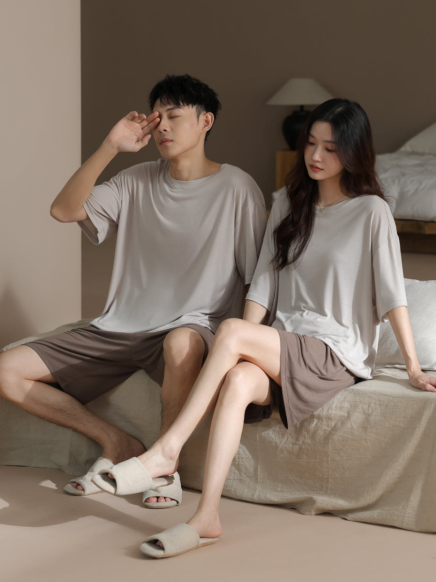 [Döş yastığı ilə] Kişi və Qadın Yay Nazik Qısaqol Boş Yeniyetmələr üçün Modal Cütlük Pijama Ev Geyimi Dəsti