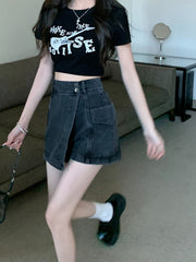 Böyük ölçülü, açıq havaya davamlı, qadınlar üçün yüksək belli denim ətək, yay üçün arıqlama, ombaya yapışan, bədənə uyğun A-xəttli mini ətək.