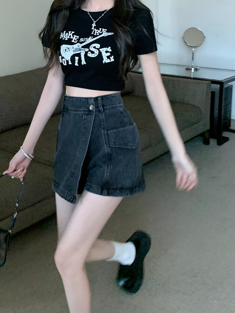 Böyük ölçülü, açıq havaya davamlı, qadınlar üçün yüksək belli denim ətək, yay üçün arıqlama, ombaya yapışan, bədənə uyğun A-xəttli mini ətək.