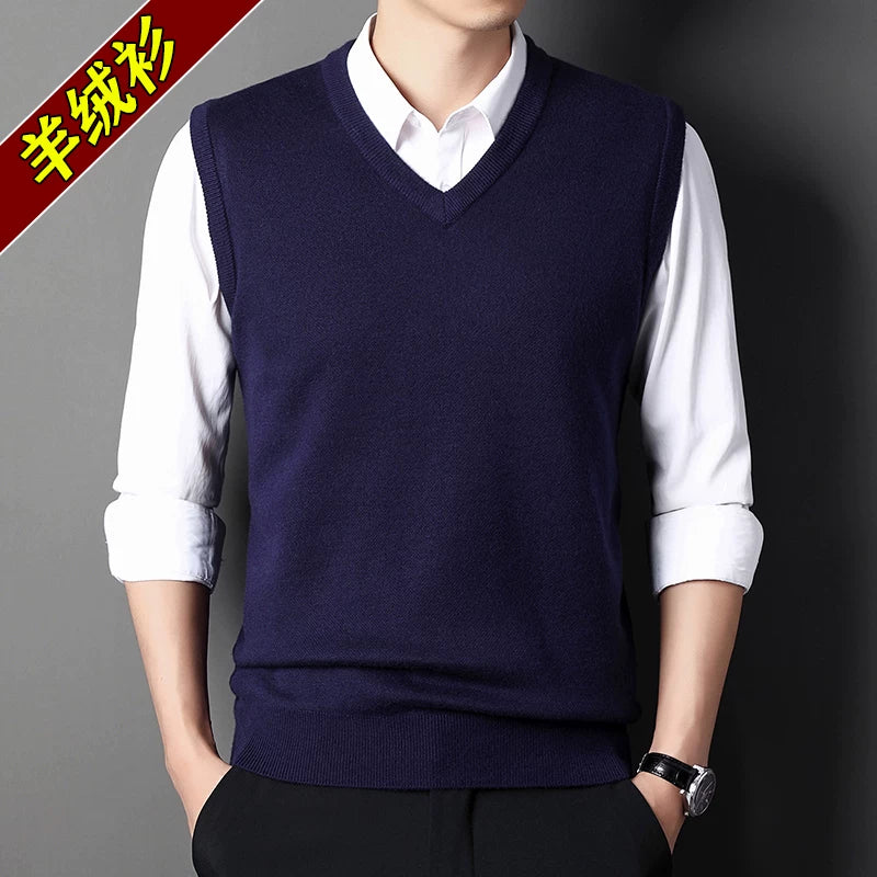 Orta yaşlı kişilər üçün 100% təmiz kaşmir jilet, V-yaxalı qolsuz jilet, Ershi trikotaj yun sviter
