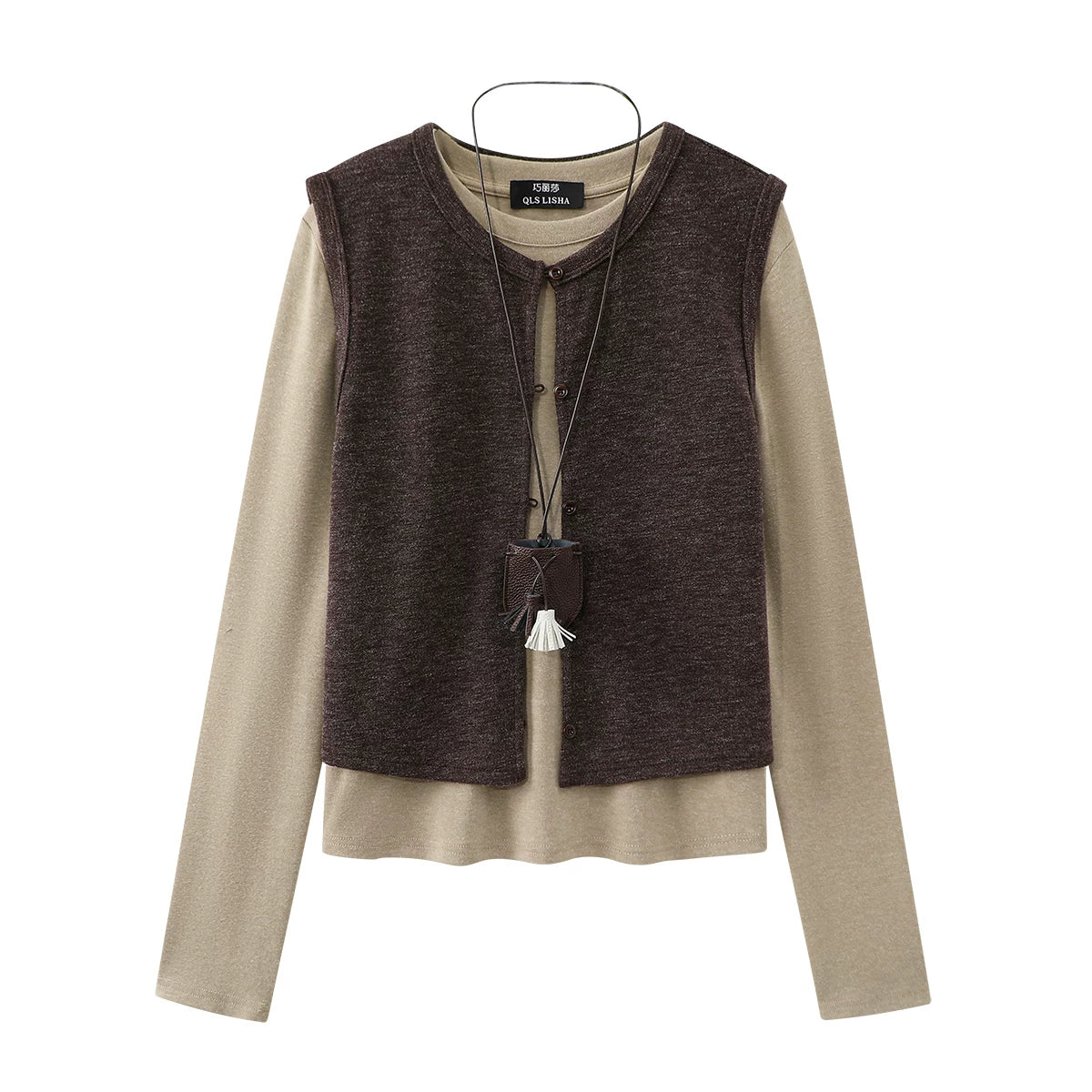 Chola Lisanın zərif geyimi: payız aylarında qadınlar üçün yüksək səviyyəli iki hissəli jilet, mayka və uzunqol trikotaj dəsti.